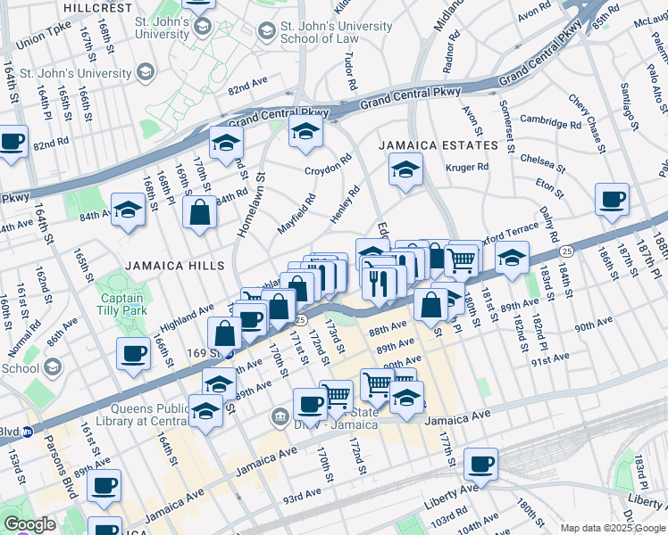 map of restaurants, bars, coffee shops, grocery stores, and more near 50 Highland Avenue in Queens