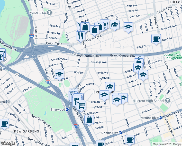 map of restaurants, bars, coffee shops, grocery stores, and more near 141-71 84th Road in Queens
