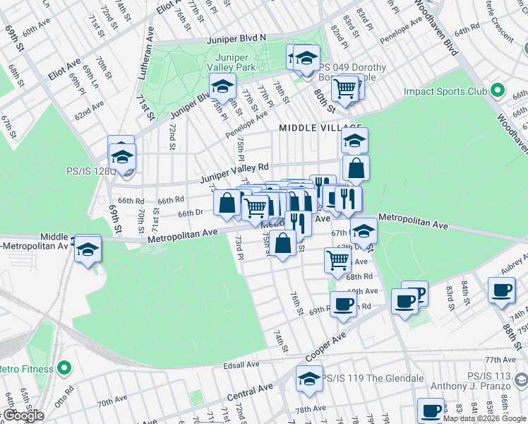 map of restaurants, bars, coffee shops, grocery stores, and more near 74-05 Metropolitan Avenue in Queens