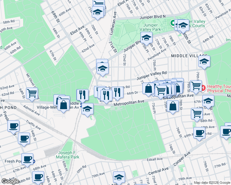 map of restaurants, bars, coffee shops, grocery stores, and more near 66-55 71st Street in Queens