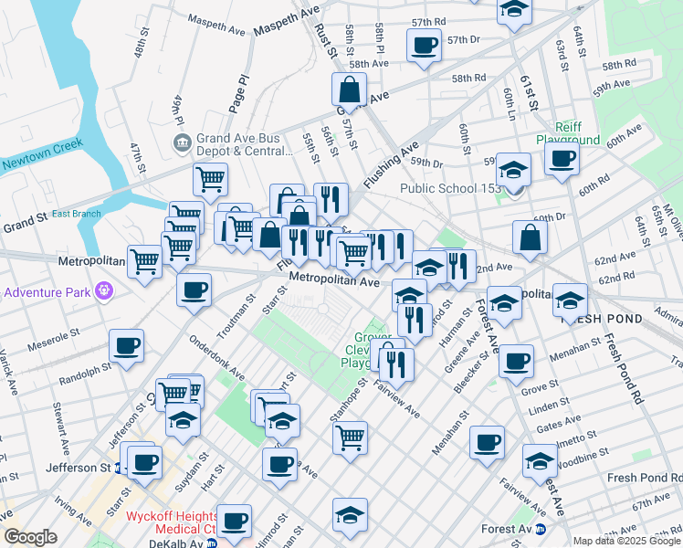 map of restaurants, bars, coffee shops, grocery stores, and more near 53-26 Metropolitan Avenue in Queens