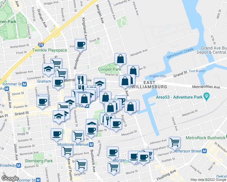 map of restaurants, bars, coffee shops, grocery stores, and more near 958 Grand Street in Brooklyn