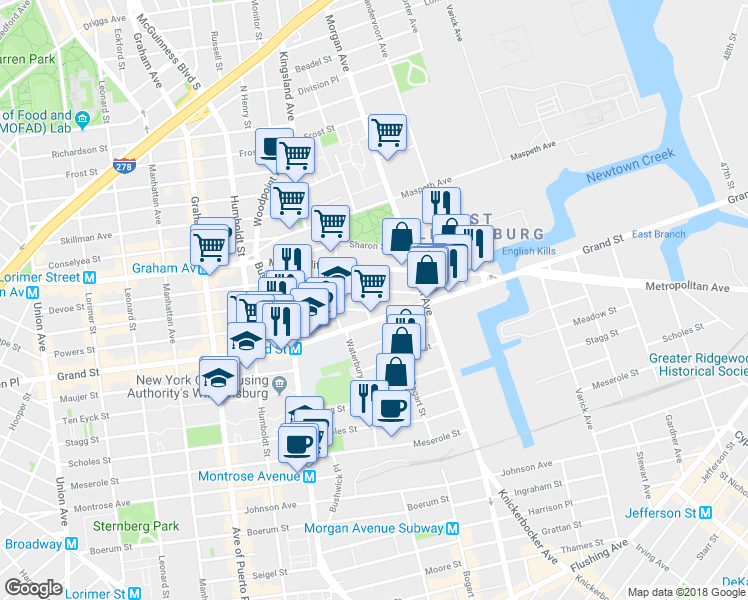 map of restaurants, bars, coffee shops, grocery stores, and more near 958 Grand Street in Brooklyn