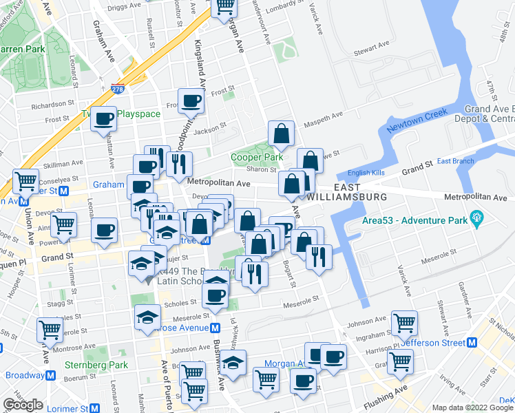 map of restaurants, bars, coffee shops, grocery stores, and more near 958 Grand Street in Brooklyn