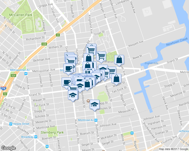 map of restaurants, bars, coffee shops, grocery stores, and more near 182 Powers Street in Brooklyn