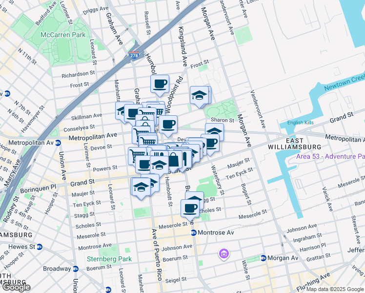 map of restaurants, bars, coffee shops, grocery stores, and more near 65 Bushwick Avenue in Brooklyn