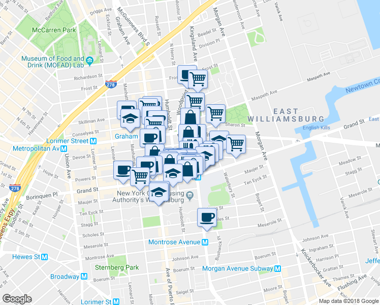 map of restaurants, bars, coffee shops, grocery stores, and more near 65 Bushwick Avenue in Brooklyn