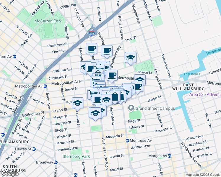 map of restaurants, bars, coffee shops, grocery stores, and more near 321A Humboldt Street in Brooklyn