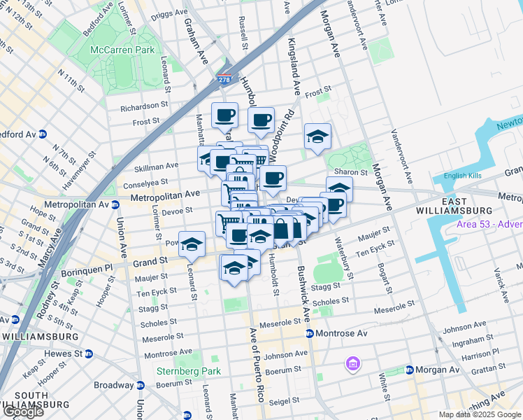 map of restaurants, bars, coffee shops, grocery stores, and more near 321A Humboldt Street in Brooklyn