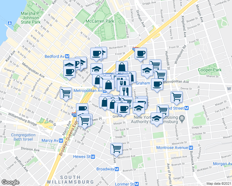 map of restaurants, bars, coffee shops, grocery stores, and more near 38 Devoe Street in Brooklyn