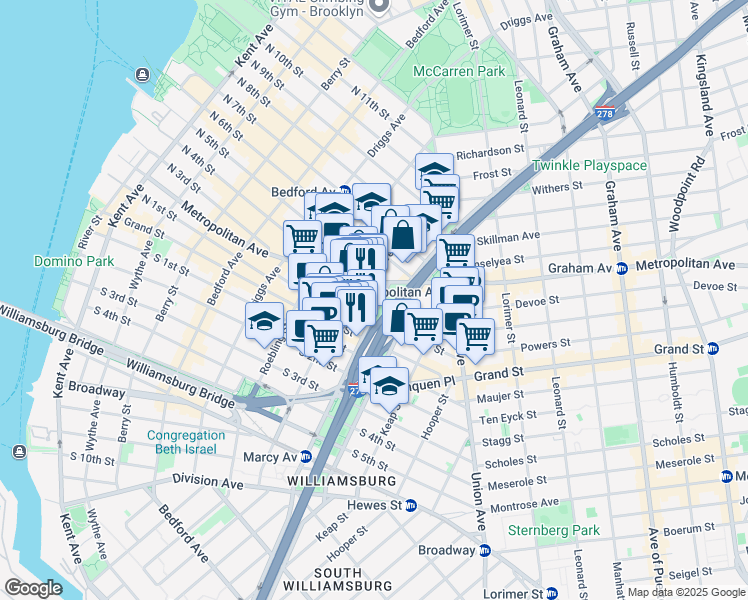 map of restaurants, bars, coffee shops, grocery stores, and more near 28 Marcy Avenue in Brooklyn