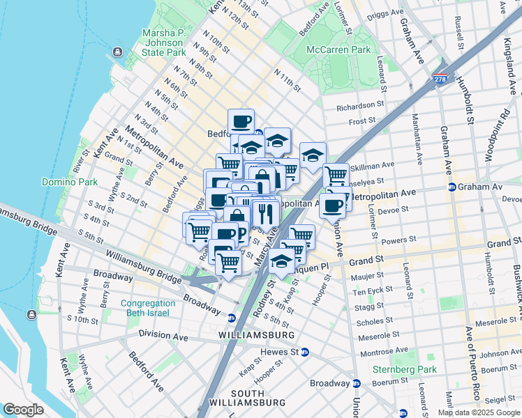 map of restaurants, bars, coffee shops, grocery stores, and more near 62 Hope Street in Brooklyn