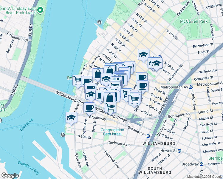map of restaurants, bars, coffee shops, grocery stores, and more near 99 South 3rd Street in Brooklyn