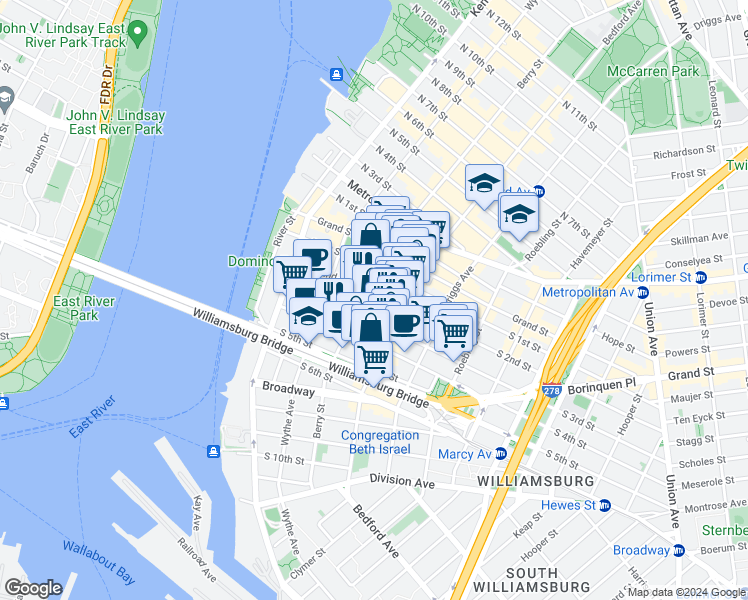 map of restaurants, bars, coffee shops, grocery stores, and more near 99 South 3rd Street in Brooklyn