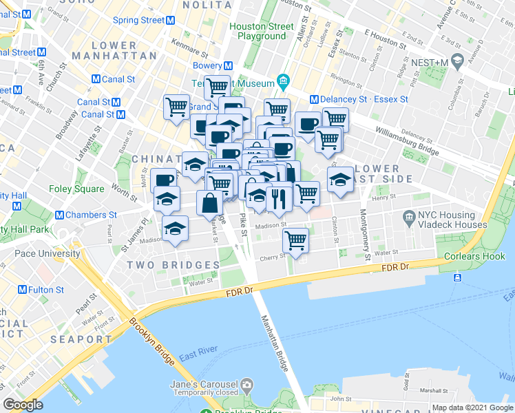 map of restaurants, bars, coffee shops, grocery stores, and more near 122 Henry Street in New York