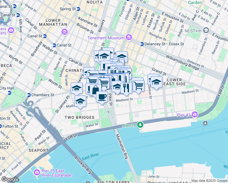 map of restaurants, bars, coffee shops, grocery stores, and more near 122 Henry Street in New York