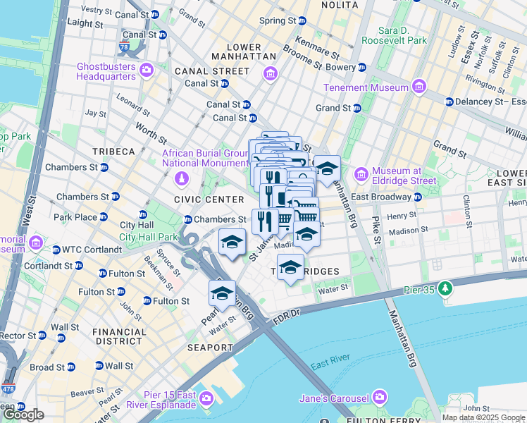 map of restaurants, bars, coffee shops, grocery stores, and more near 215 Park Row in New York