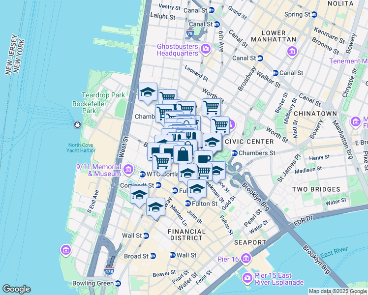 map of restaurants, bars, coffee shops, grocery stores, and more near in New York