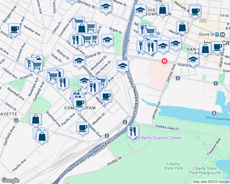 map of restaurants, bars, coffee shops, grocery stores, and more near 293 Pine Street in Jersey City