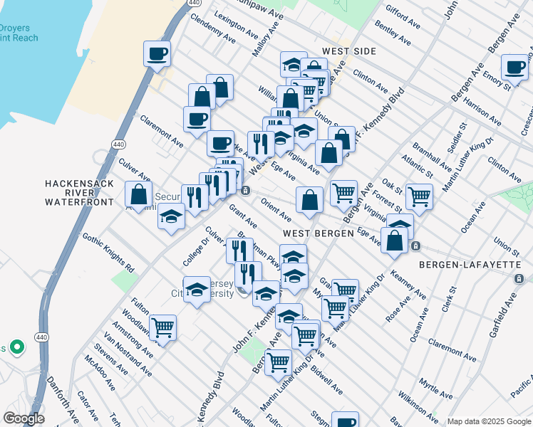 map of restaurants, bars, coffee shops, grocery stores, and more near 242 Grant Avenue in Jersey City