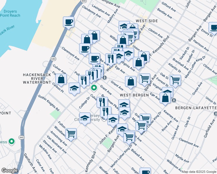 map of restaurants, bars, coffee shops, grocery stores, and more near 242 Grant Avenue in Jersey City