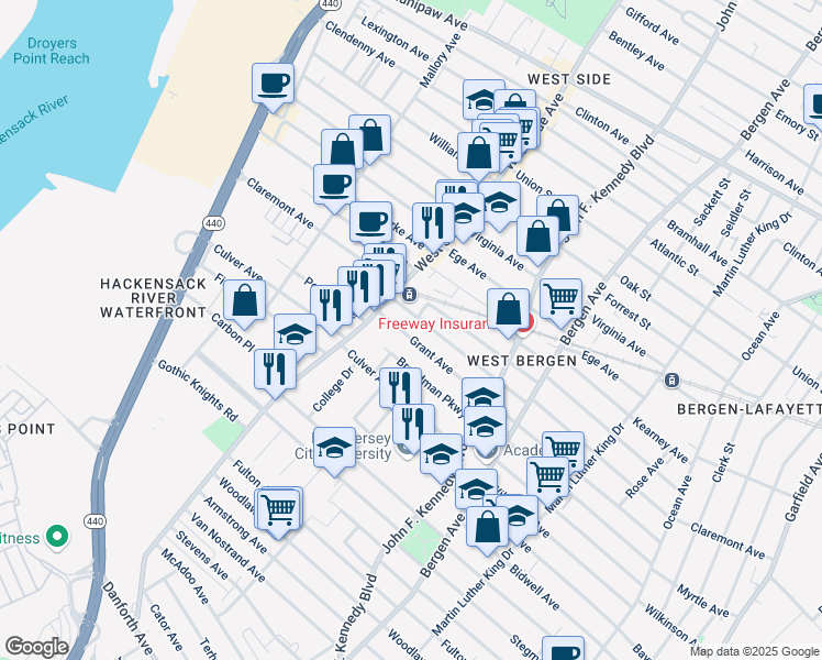 map of restaurants, bars, coffee shops, grocery stores, and more near 74 Broadman Parkway in Jersey City
