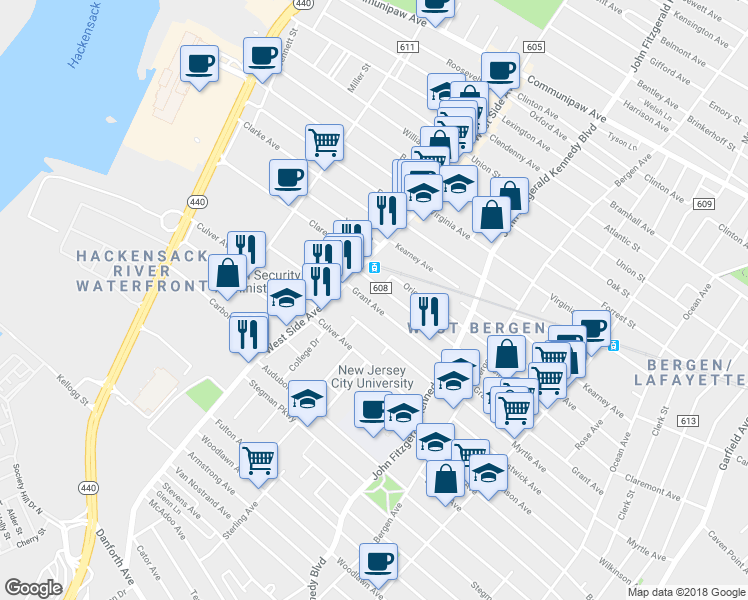map of restaurants, bars, coffee shops, grocery stores, and more near 74 Broadman Parkway in Jersey City