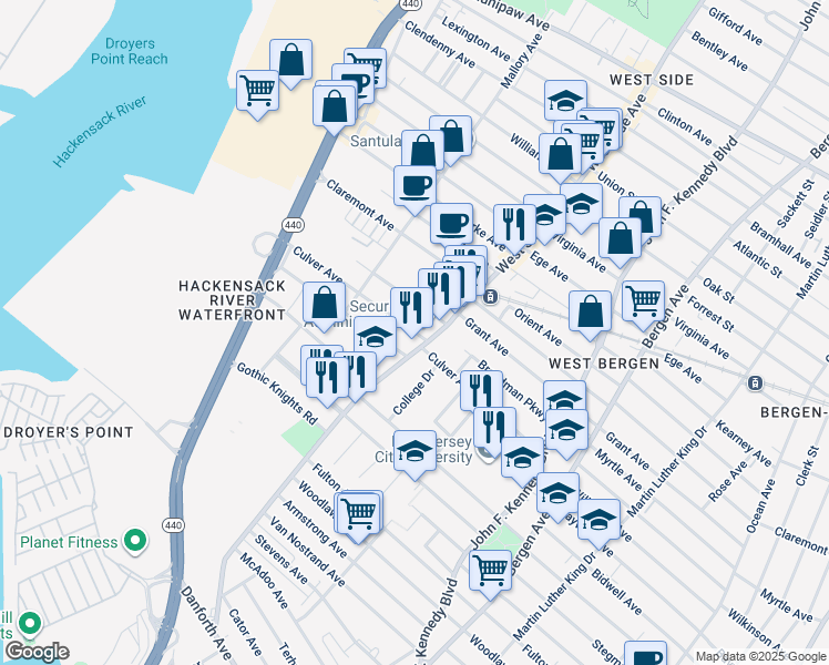 map of restaurants, bars, coffee shops, grocery stores, and more near 10 Fisk Street in Jersey City