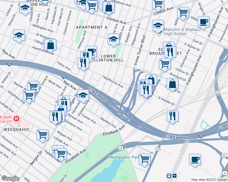 map of restaurants, bars, coffee shops, grocery stores, and more near 303 Ridgewood Avenue in Newark