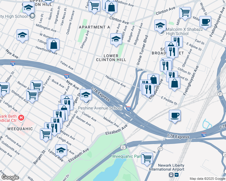map of restaurants, bars, coffee shops, grocery stores, and more near 303 Ridgewood Avenue in Newark
