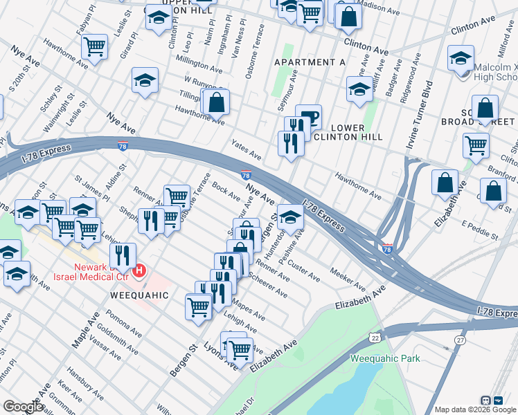 map of restaurants, bars, coffee shops, grocery stores, and more near 384-386 Chadwick Avenue in Newark