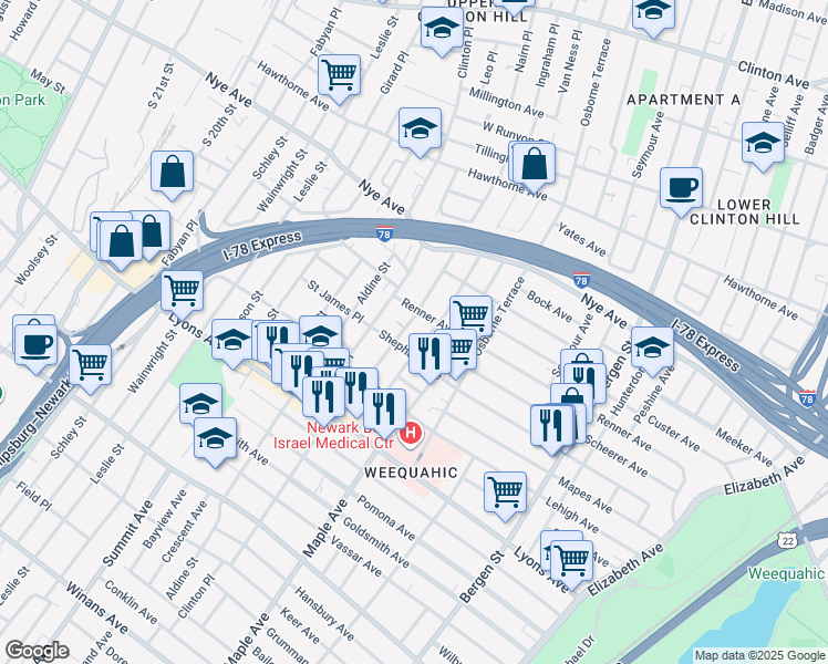 map of restaurants, bars, coffee shops, grocery stores, and more near in Newark