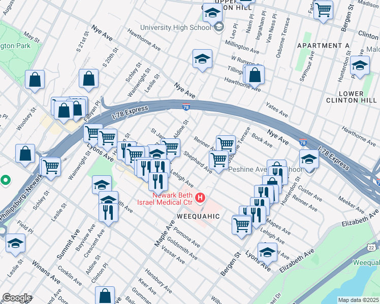 map of restaurants, bars, coffee shops, grocery stores, and more near in Newark