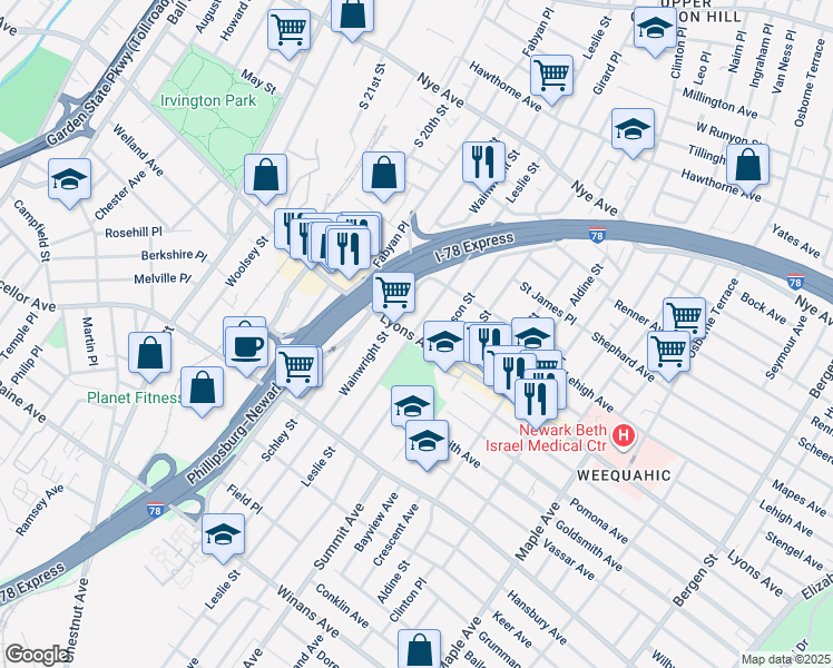 map of restaurants, bars, coffee shops, grocery stores, and more near 378 Lyons Avenue in Newark