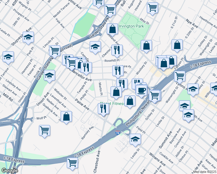 map of restaurants, bars, coffee shops, grocery stores, and more near 19 Renee Place in Irvington