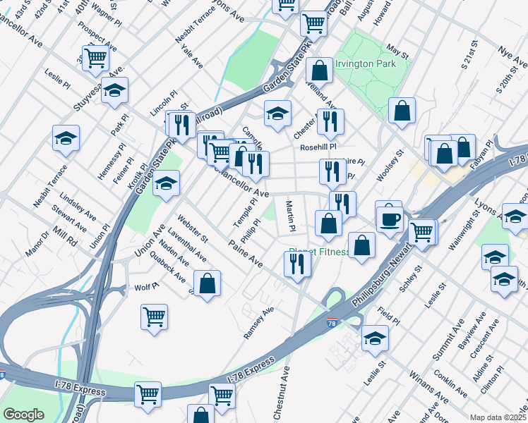 map of restaurants, bars, coffee shops, grocery stores, and more near 29 Robert Place in Irvington