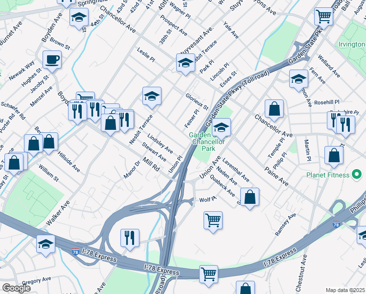 map of restaurants, bars, coffee shops, grocery stores, and more near 49 Union Place in Irvington