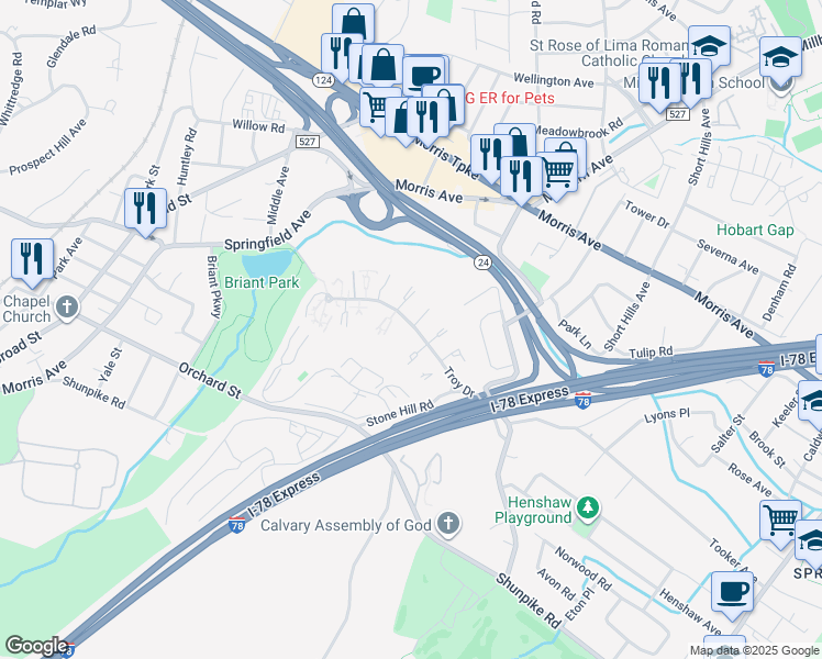 map of restaurants, bars, coffee shops, grocery stores, and more near 18 Troy Drive in Springfield