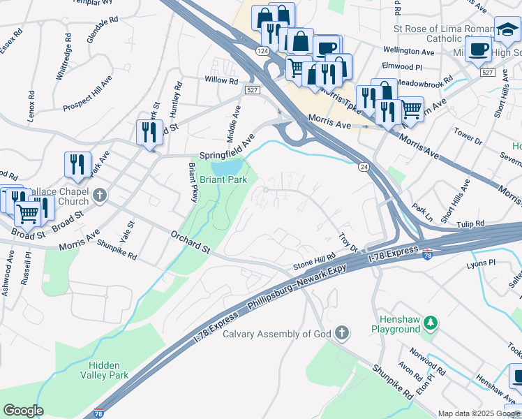 map of restaurants, bars, coffee shops, grocery stores, and more near 100 Stone Hill Road in Springfield