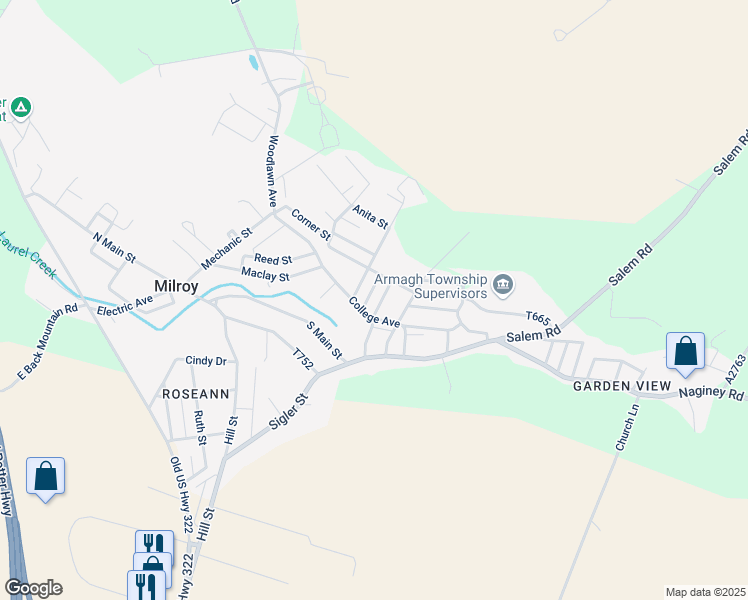 map of restaurants, bars, coffee shops, grocery stores, and more near 71 Center Street in Milroy