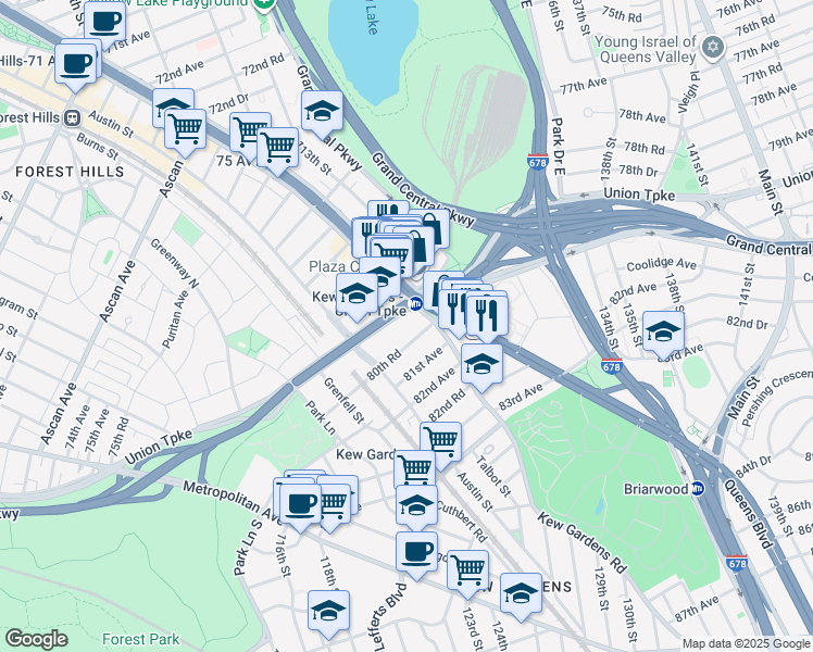 map of restaurants, bars, coffee shops, grocery stores, and more near 80-02 Kew Gardens Road in Queens