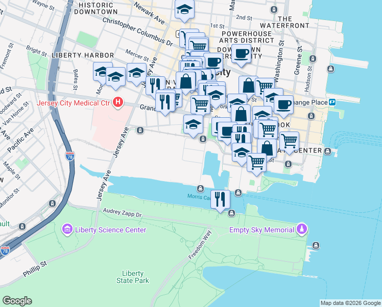 map of restaurants, bars, coffee shops, grocery stores, and more near 33 Park View Avenue in Jersey City