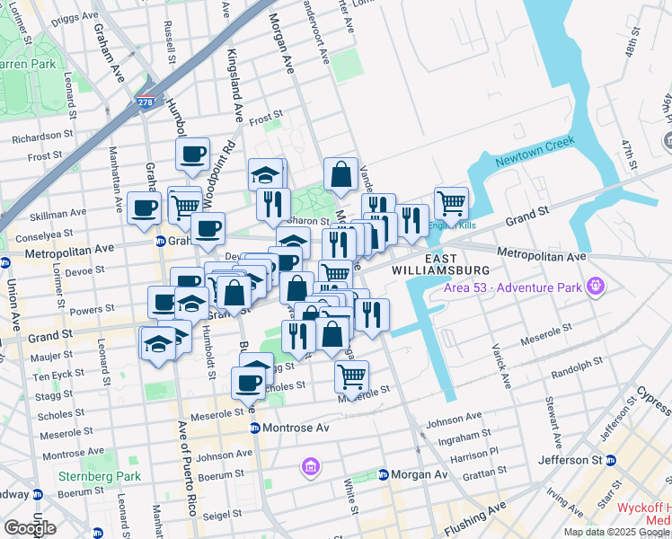 map of restaurants, bars, coffee shops, grocery stores, and more near 958 Grand Street in Brooklyn