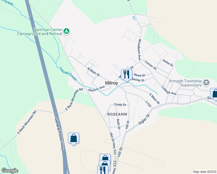map of restaurants, bars, coffee shops, grocery stores, and more near 86 Electric Avenue in Milroy