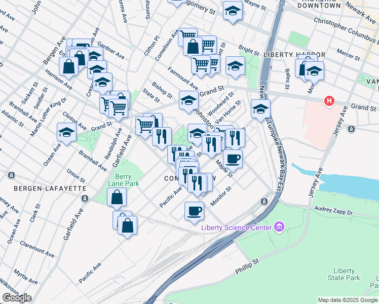 map of restaurants, bars, coffee shops, grocery stores, and more near 254 Van Horne Street in Jersey City