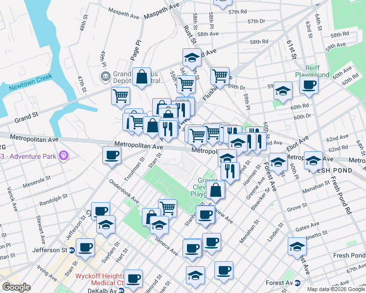 map of restaurants, bars, coffee shops, grocery stores, and more near 52-35 Metropolitan Avenue in Queens