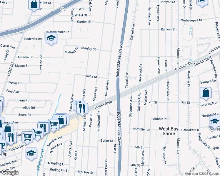 map of restaurants, bars, coffee shops, grocery stores, and more near 615 Sandra Avenue in West Islip