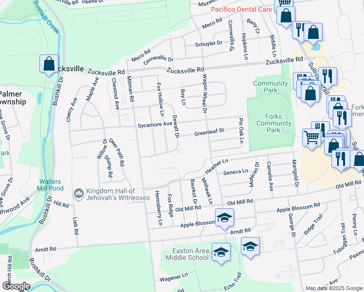 map of restaurants, bars, coffee shops, grocery stores, and more near 1182 Dewalt Drive in Easton