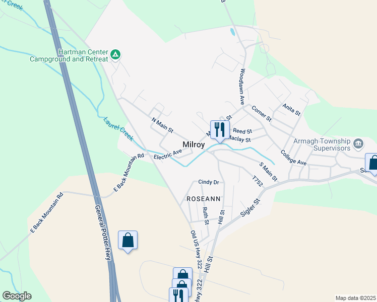 map of restaurants, bars, coffee shops, grocery stores, and more near 86 Electric Avenue in Milroy