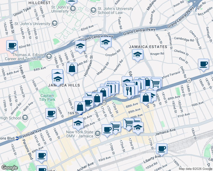 map of restaurants, bars, coffee shops, grocery stores, and more near 46 Highland Avenue in Queens